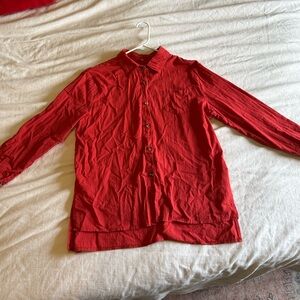 Red Button-Up Shirt Tunic Women Medium Linen Blouse